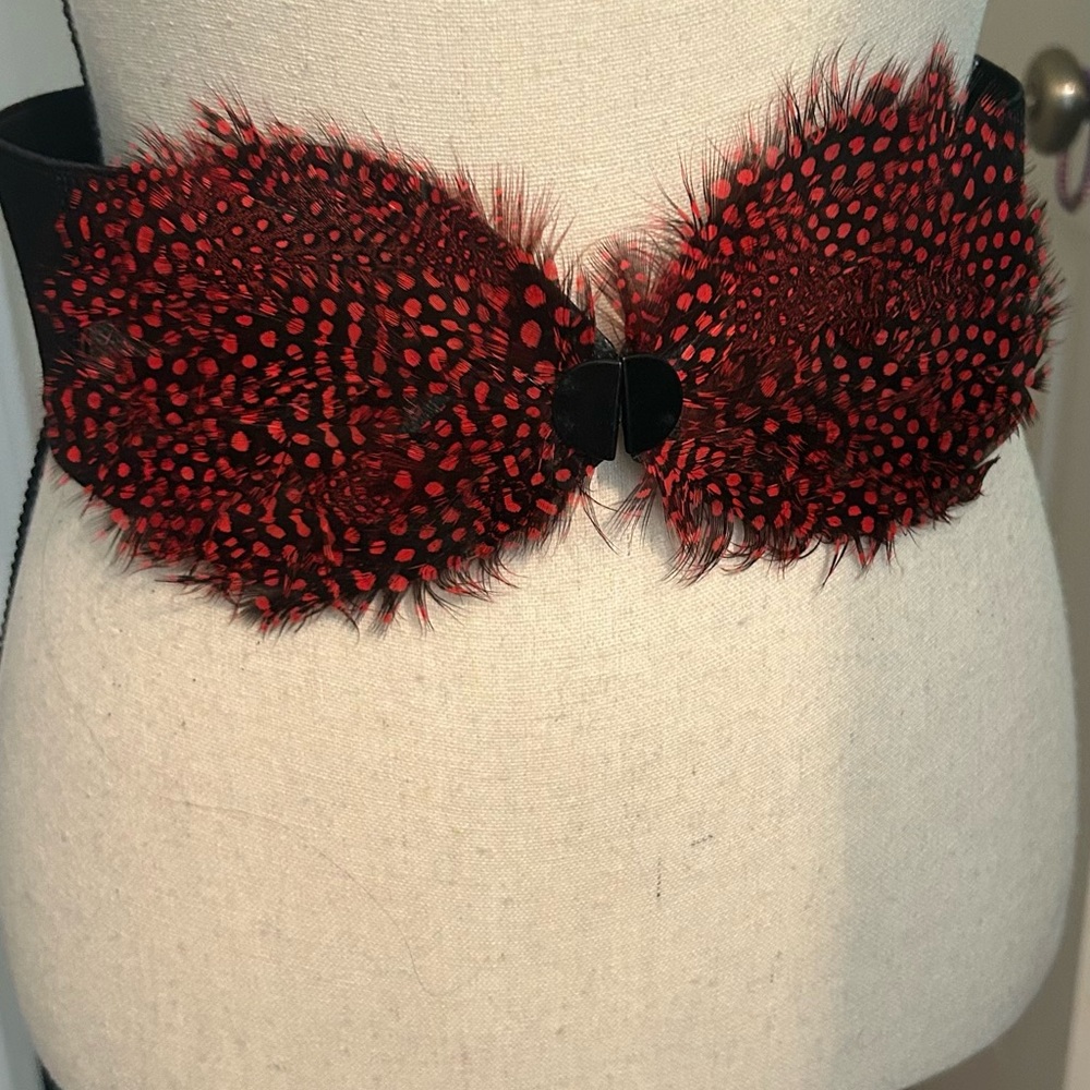 Black stretchy belt with red feather accent, medium